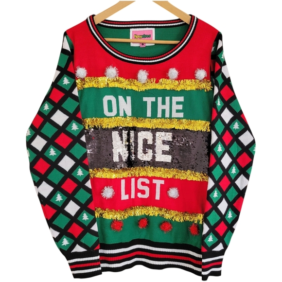 Tipsy Elves Sequin Naughty or Nice Ugly Christmas Sweater Mens Size Large - Picture 1 of 9